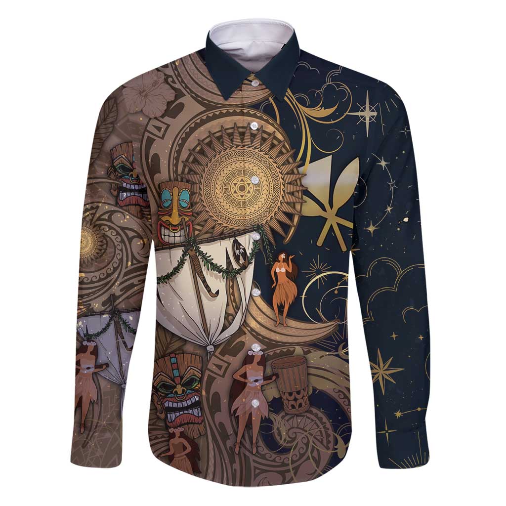 Hawaii Makahiki Family Matching Puletasi and Hawaiian Shirt Polynesian Sky And Earth DT05 Dad's Shirt - Long Sleeve Gold - Polynesian Pride