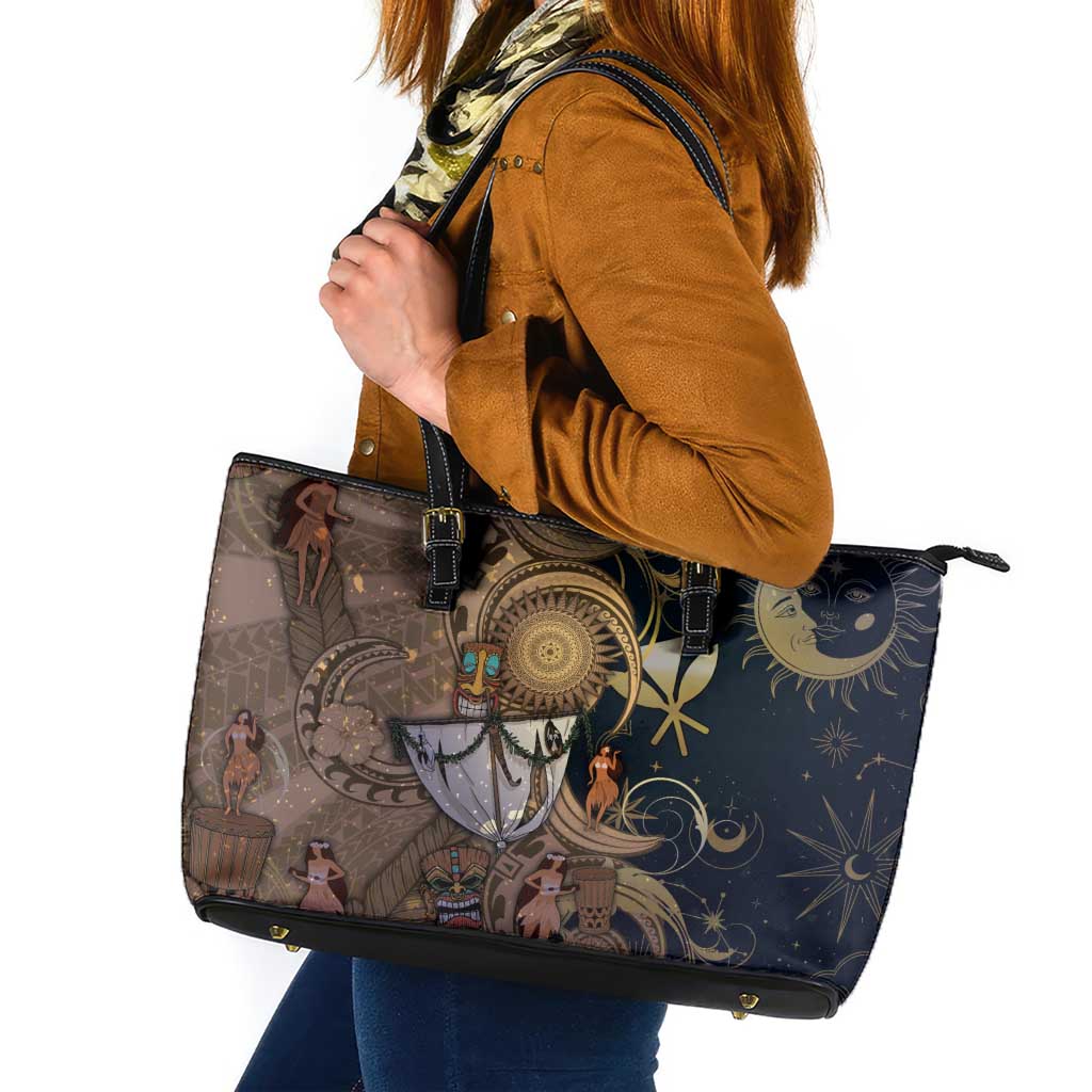 Hawaii Makahiki Leather Tote Bag Polynesian Sky And Earth DT05 Gold - Polynesian Pride
