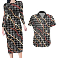 Hawaii Palaka Niihau Shell Lei Couples Matching Long Sleeve Bodycon Dress and Hawaiian Shirt Tropical Island Plaid Patterns DT05 Black - Polynesian Pride