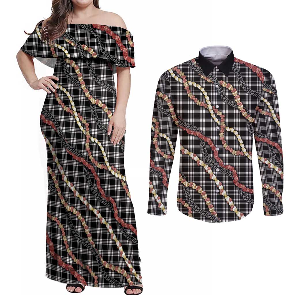 Hawaii Palaka Niihau Shell Lei Couples Matching Off Shoulder Maxi Dress and Long Sleeve Button Shirt Tropical Island Plaid Patterns
