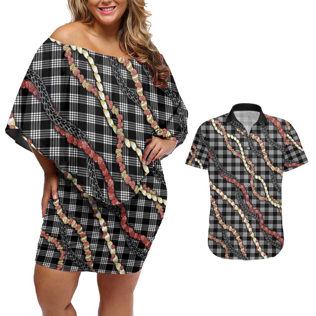 Hawaii Palaka Niihau Shell Lei Couples Matching Off Shoulder Short Dress and Hawaiian Shirt Tropical Island Plaid Patterns