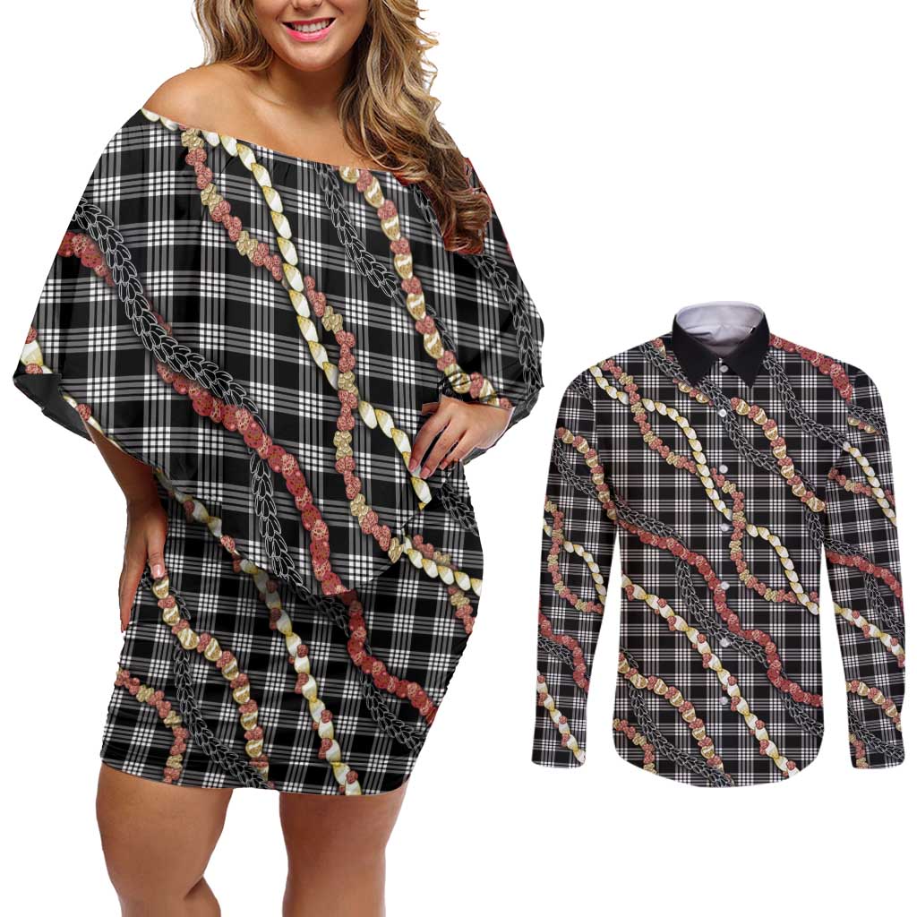 Hawaii Palaka Niihau Shell Lei Couples Matching Off Shoulder Short Dress and Long Sleeve Button Shirt Tropical Island Plaid Patterns