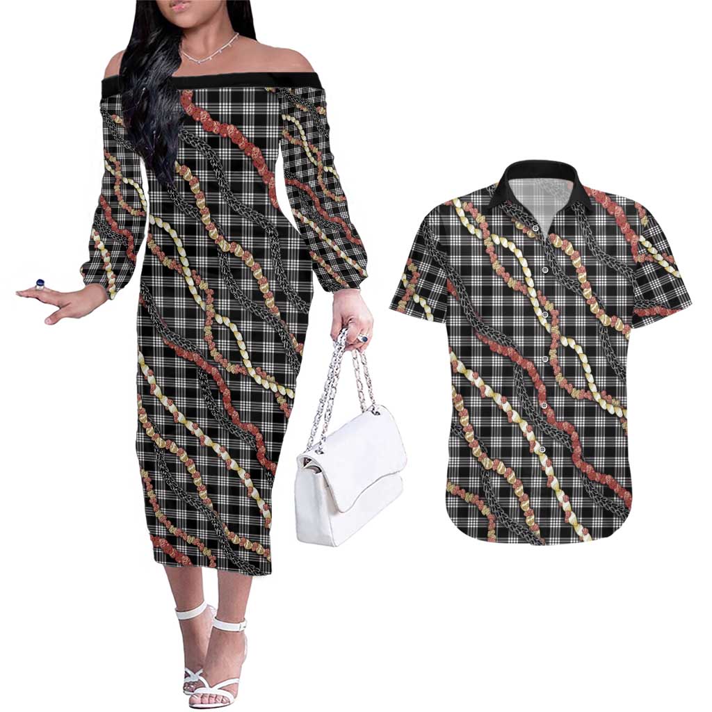 Hawaii Palaka Niihau Shell Lei Couples Matching Off The Shoulder Long Sleeve Dress and Hawaiian Shirt Tropical Island Plaid Patterns DT05 Black - Polynesian Pride