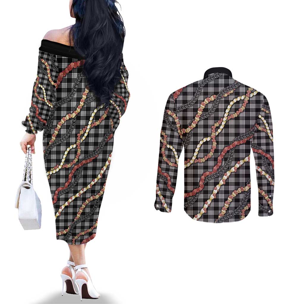 Hawaii Palaka Niihau Shell Lei Couples Matching Off The Shoulder Long Sleeve Dress and Long Sleeve Button Shirt Tropical Island Plaid Patterns DT05 - Polynesian Pride