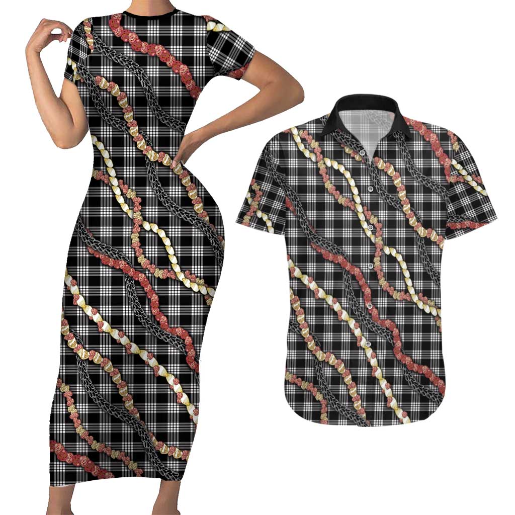 Hawaii Palaka Niihau Shell Lei Couples Matching Short Sleeve Bodycon Dress and Hawaiian Shirt Tropical Island Plaid Patterns DT05 Black - Polynesian Pride