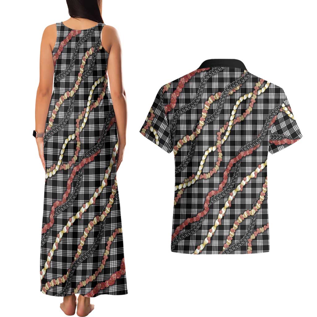 Hawaii Palaka Niihau Shell Lei Couples Matching Tank Maxi Dress and Hawaiian Shirt Tropical Island Plaid Patterns