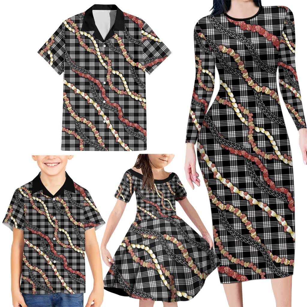 Hawaii Palaka Niihau Shell Lei Family Matching Long Sleeve Bodycon Dress and Hawaiian Shirt Tropical Island Plaid Patterns