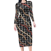 Hawaii Palaka Niihau Shell Lei Family Matching Long Sleeve Bodycon Dress and Hawaiian Shirt Tropical Island Plaid Patterns DT05 Mom's Dress Black - Polynesian Pride