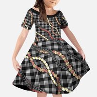 Hawaii Palaka Niihau Shell Lei Family Matching Off The Shoulder Long Sleeve Dress and Hawaiian Shirt Tropical Island Plaid Patterns DT05 Daughter's Dress Black - Polynesian Pride