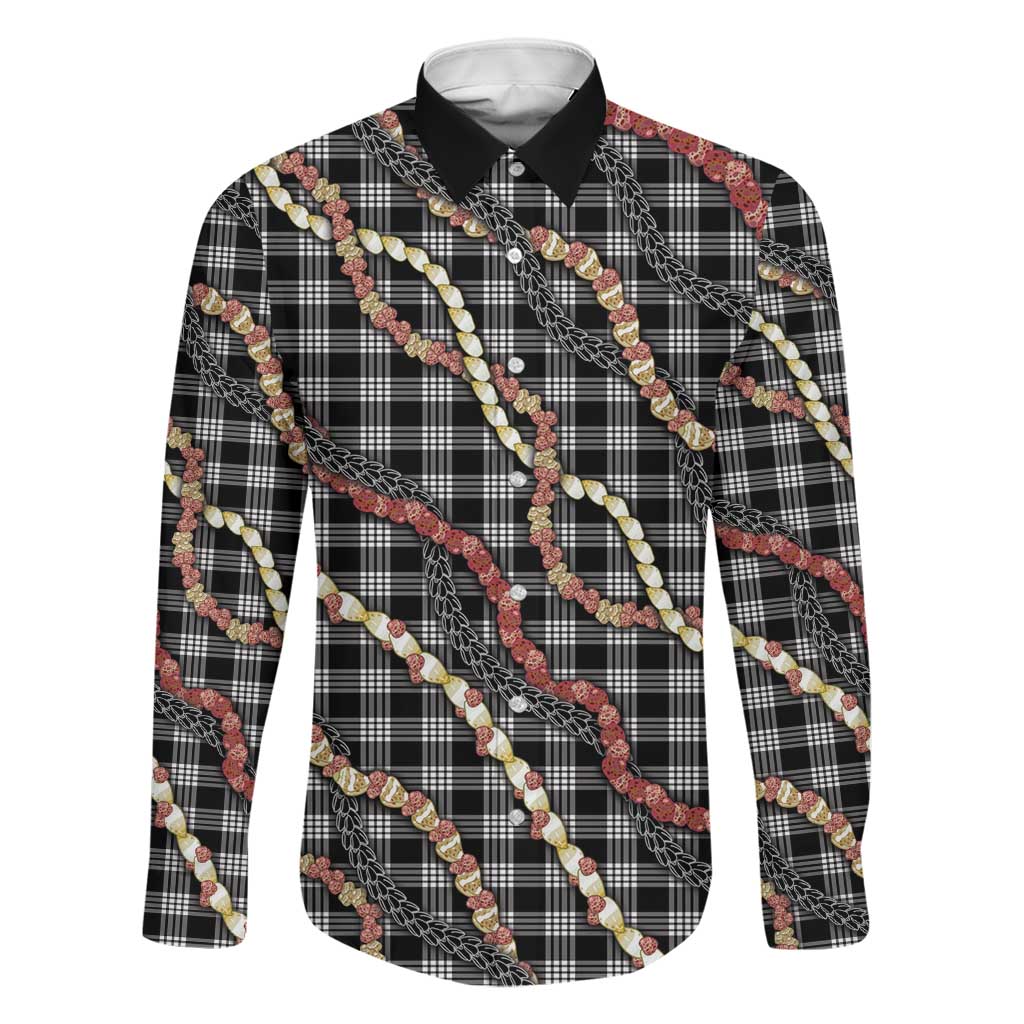 Hawaii Palaka Niihau Shell Lei Family Matching Off The Shoulder Long Sleeve Dress and Hawaiian Shirt Tropical Island Plaid Patterns DT05 Dad's Shirt - Long Sleeve Black - Polynesian Pride