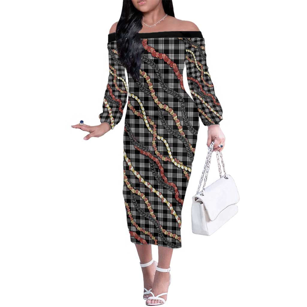 Hawaii Palaka Niihau Shell Lei Family Matching Off The Shoulder Long Sleeve Dress and Hawaiian Shirt Tropical Island Plaid Patterns DT05 Mom's Dress Black - Polynesian Pride