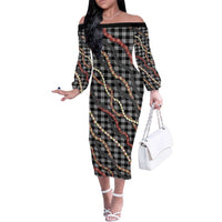 Hawaii Palaka Niihau Shell Lei Family Matching Off The Shoulder Long Sleeve Dress and Hawaiian Shirt Tropical Island Plaid Patterns DT05 Mom's Dress Black - Polynesian Pride