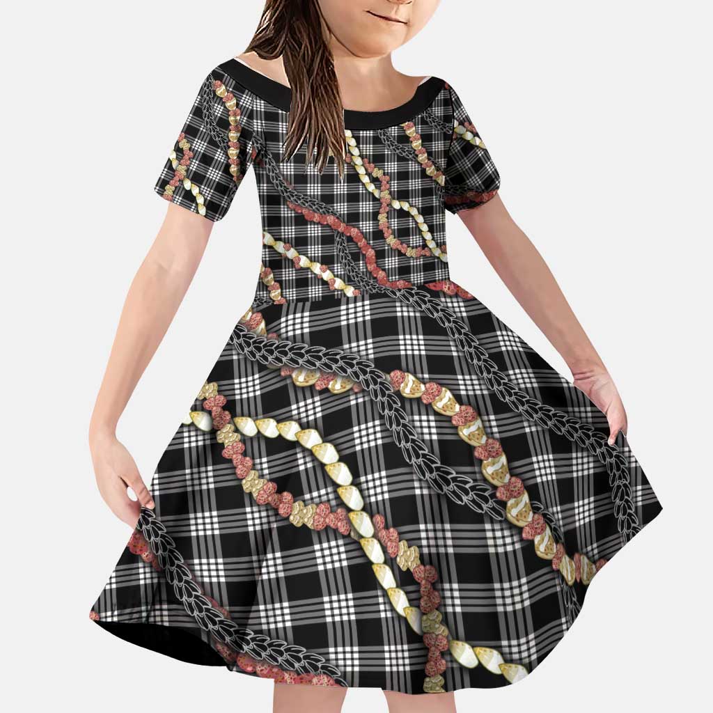 Hawaii Palaka Niihau Shell Lei Family Matching Off Shoulder Maxi Dress and Hawaiian Shirt Tropical Island Plaid Patterns DT05 Daughter's Dress Black - Polynesian Pride