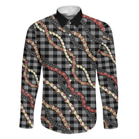 Hawaii Palaka Niihau Shell Lei Family Matching Off Shoulder Maxi Dress and Hawaiian Shirt Tropical Island Plaid Patterns DT05 Dad's Shirt - Long Sleeve Black - Polynesian Pride
