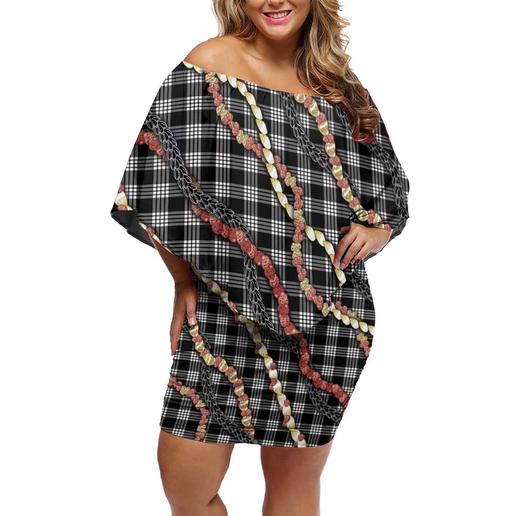 Hawaii Palaka Niihau Shell Lei Family Matching Off Shoulder Short Dress and Hawaiian Shirt Tropical Island Plaid Patterns DT05 Mom's Dress Black - Polynesian Pride