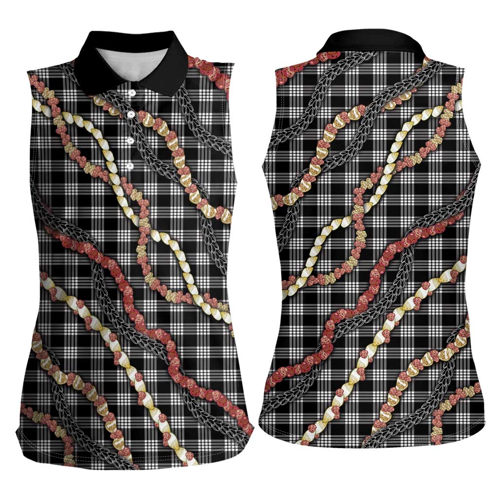 Hawaii Palaka Niihau Shell Lei Women Sleeveless Polo Shirt Tropical Island Plaid Patterns