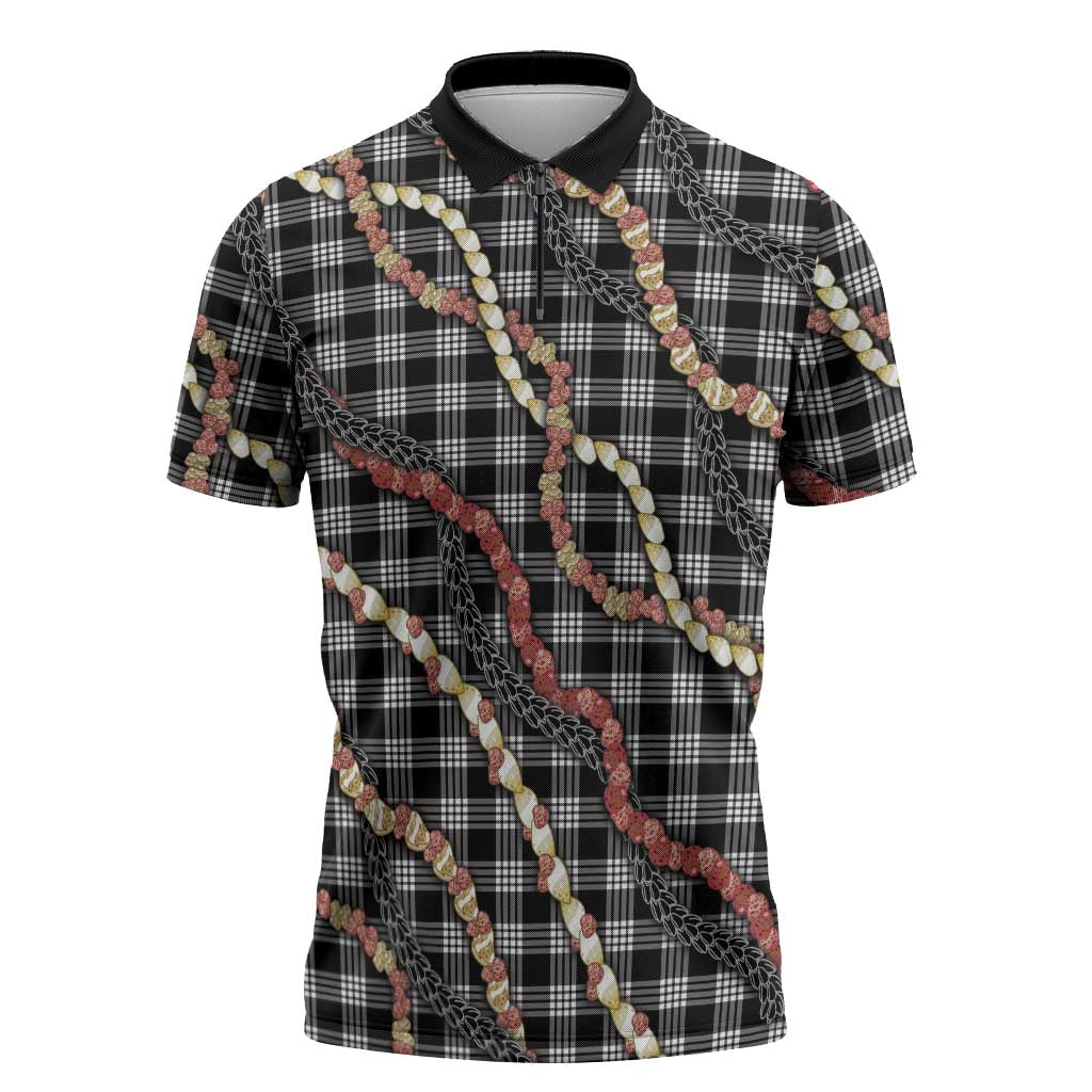 Hawaii Palaka Niihau Shell Lei Zipper Polo Shirt Tropical Island Plaid Patterns DT05 Black - Polynesian Pride