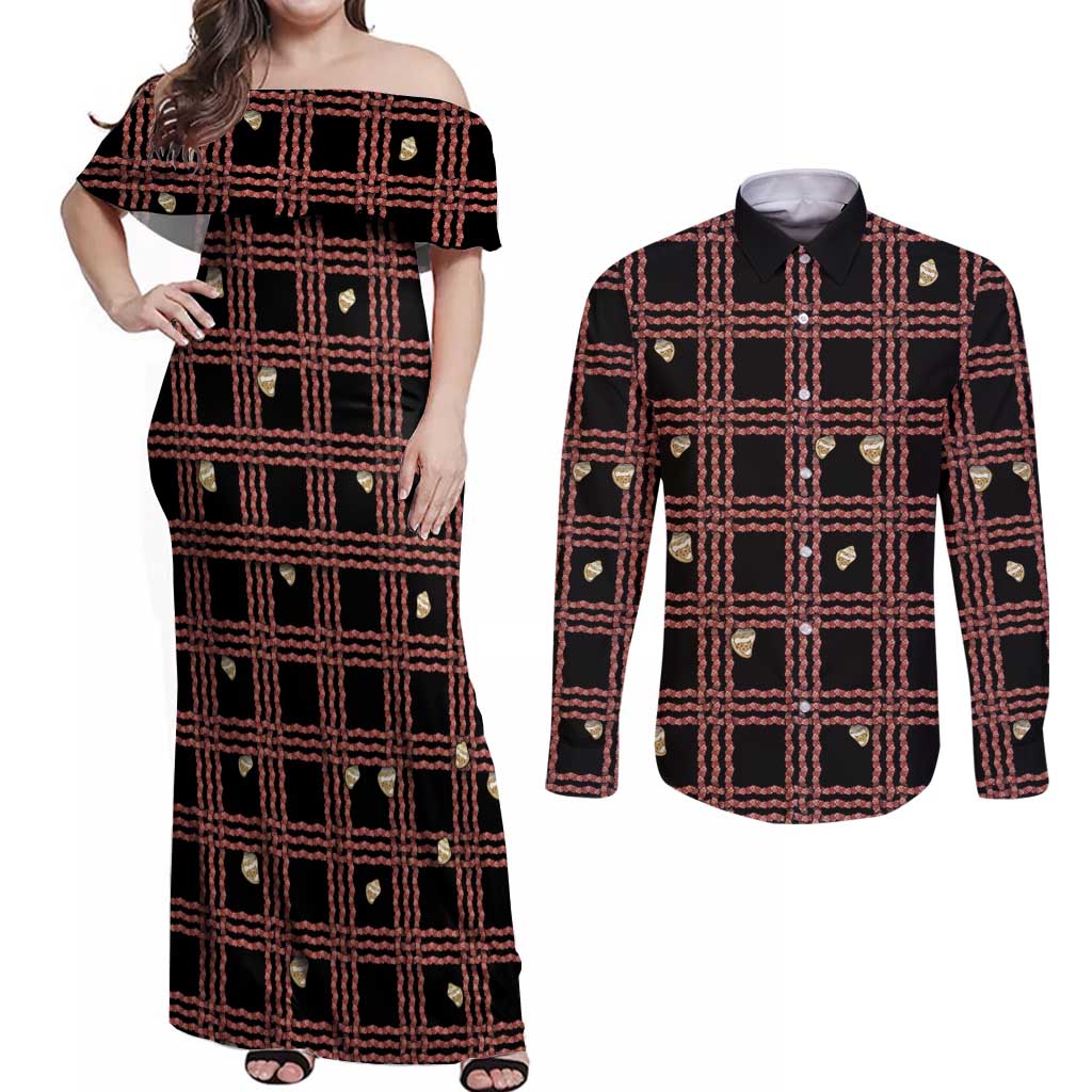 Hawaii Palaka Kahelelani Shell Lei Costume Couples Matching Off Shoulder Maxi Dress and Long Sleeve Button Shirt Plaid Patterns DT05 Black - Polynesian Pride