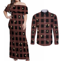 Hawaii Palaka Kahelelani Shell Lei Costume Couples Matching Off Shoulder Maxi Dress and Long Sleeve Button Shirt Plaid Patterns DT05 Black - Polynesian Pride