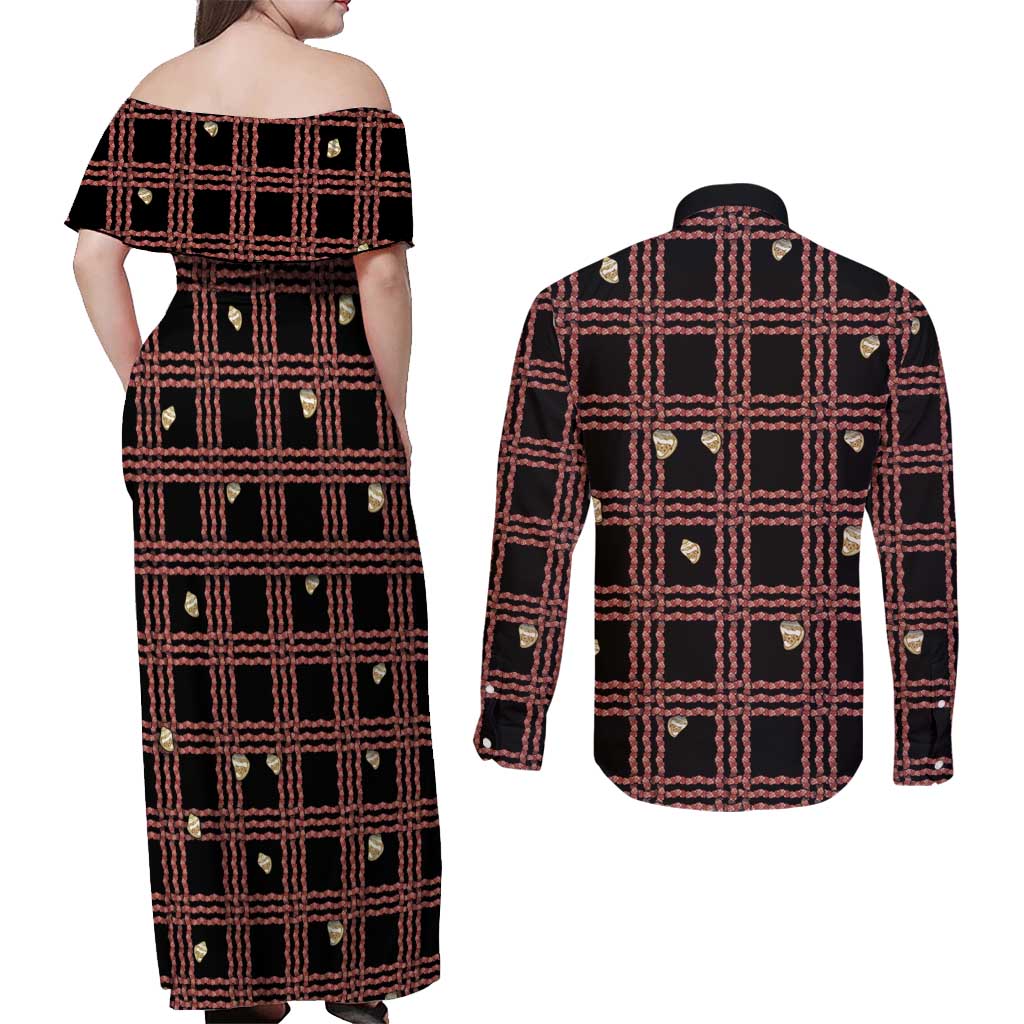 Hawaii Palaka Kahelelani Shell Lei Costume Couples Matching Off Shoulder Maxi Dress and Long Sleeve Button Shirt Plaid Patterns DT05 - Polynesian Pride