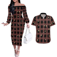 Hawaii Palaka Kahelelani Shell Lei Costume Couples Matching Off The Shoulder Long Sleeve Dress and Hawaiian Shirt Plaid Patterns DT05 Black - Polynesian Pride