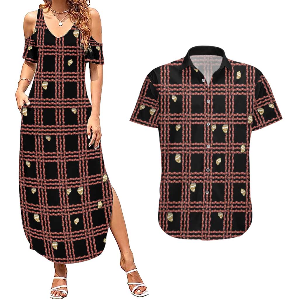 Hawaii Palaka Kahelelani Shell Lei Costume Couples Matching Summer Maxi Dress and Hawaiian Shirt Plaid Patterns DT05 Black - Polynesian Pride