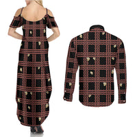 Hawaii Palaka Kahelelani Shell Lei Costume Couples Matching Summer Maxi Dress and Long Sleeve Button Shirt Plaid Patterns