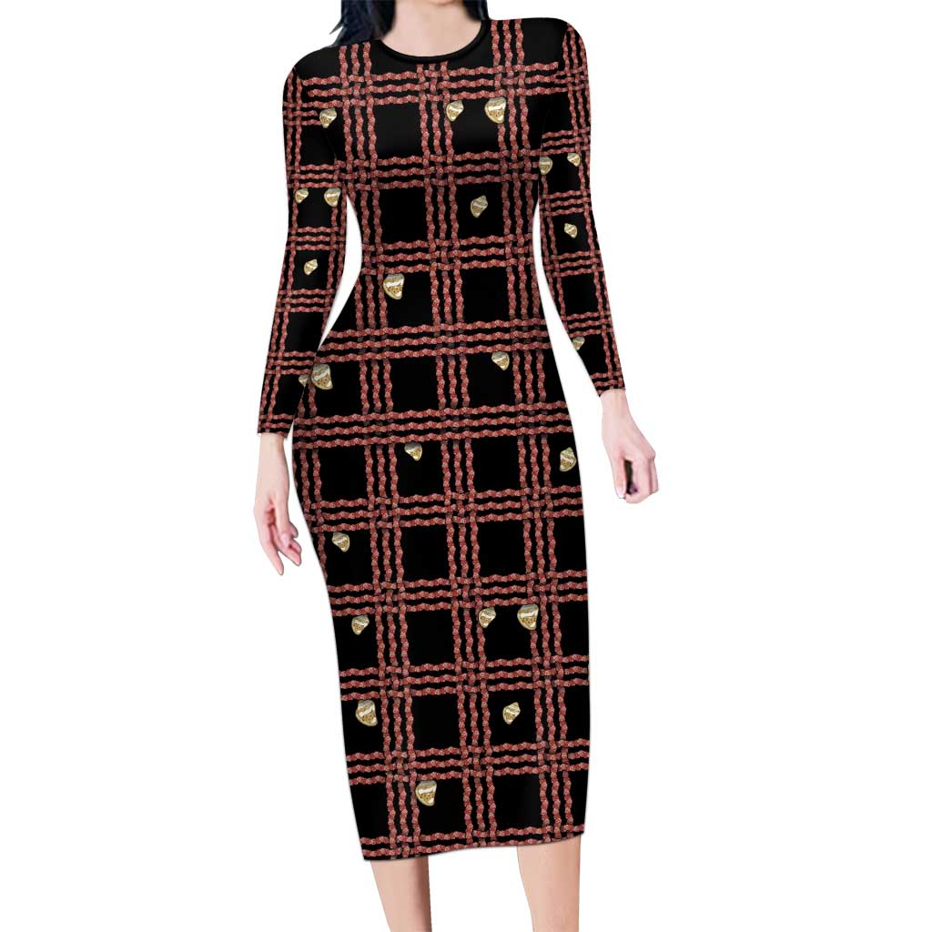 Hawaii Palaka Kahelelani Shell Lei Costume Family Matching Long Sleeve Bodycon Dress and Hawaiian Shirt Plaid Patterns DT05 Mom's Dress Black - Polynesian Pride