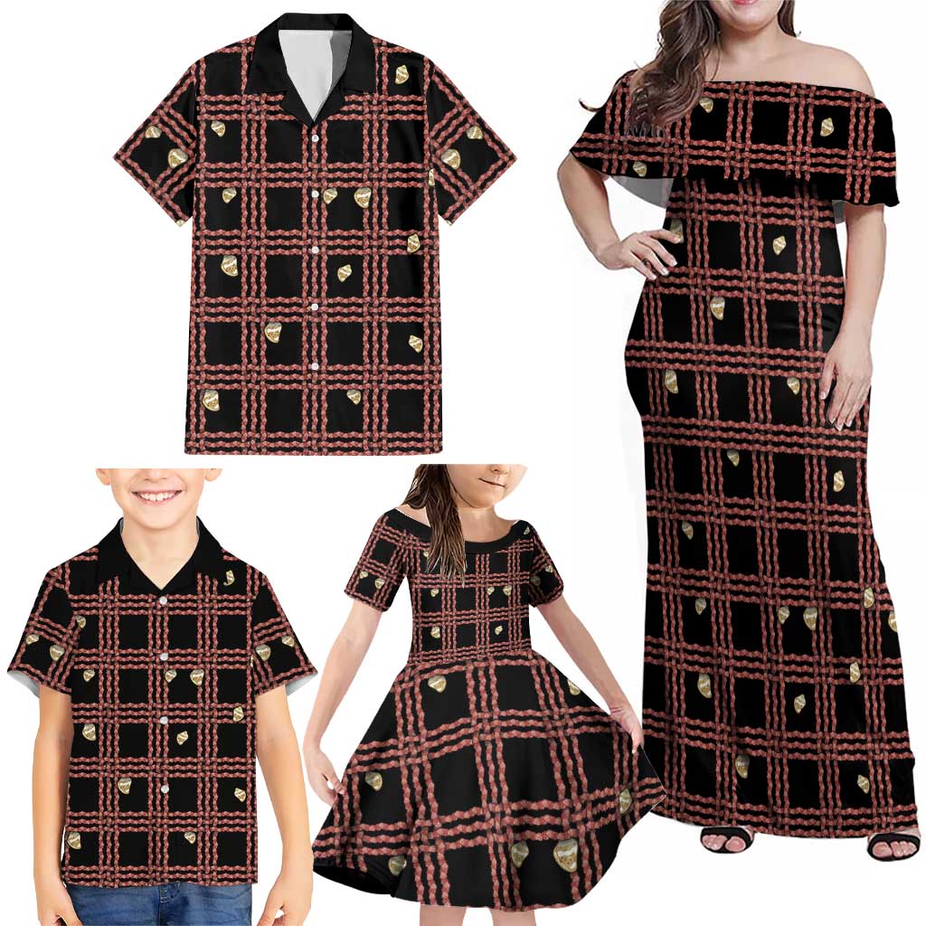 Hawaii Palaka Kahelelani Shell Lei Costume Family Matching Off Shoulder Maxi Dress and Hawaiian Shirt Plaid Patterns