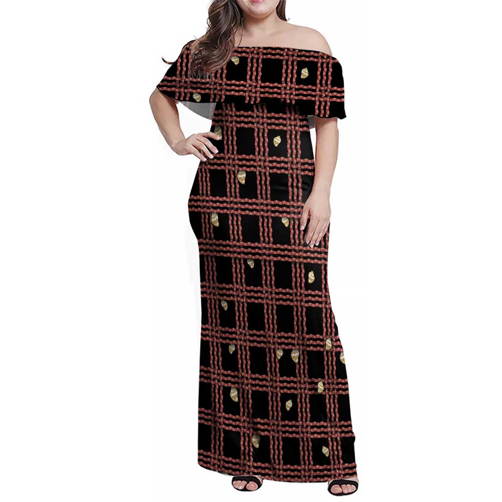 Hawaii Palaka Kahelelani Shell Lei Costume Family Matching Off Shoulder Maxi Dress and Hawaiian Shirt Plaid Patterns DT05 Mom's Dress Black - Polynesian Pride