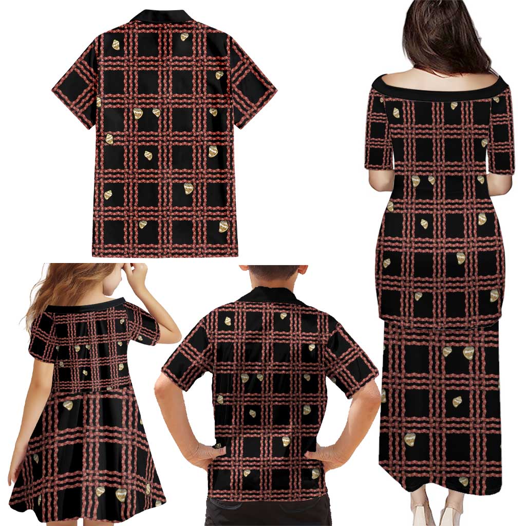 Hawaii Palaka Kahelelani Shell Lei Costume Family Matching Puletasi and Hawaiian Shirt Plaid Patterns