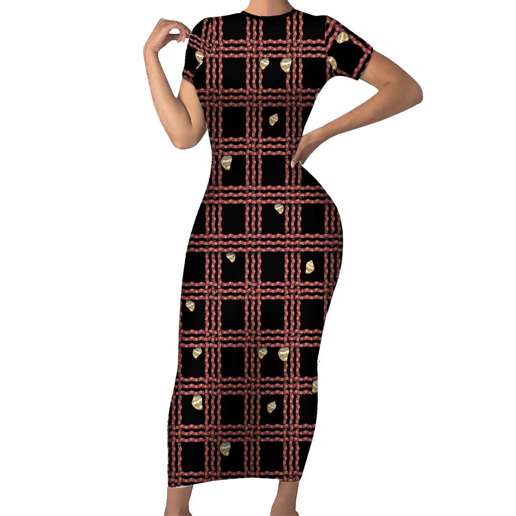 Hawaii Palaka Kahelelani Shell Lei Costume Family Matching Short Sleeve Bodycon Dress and Hawaiian Shirt Plaid Patterns DT05 Mom's Dress Black - Polynesian Pride