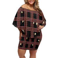 Hawaii Palaka Kahelelani Shell Lei Costume Off Shoulder Short Dress Plaid Patterns DT05 Women Black - Polynesian Pride