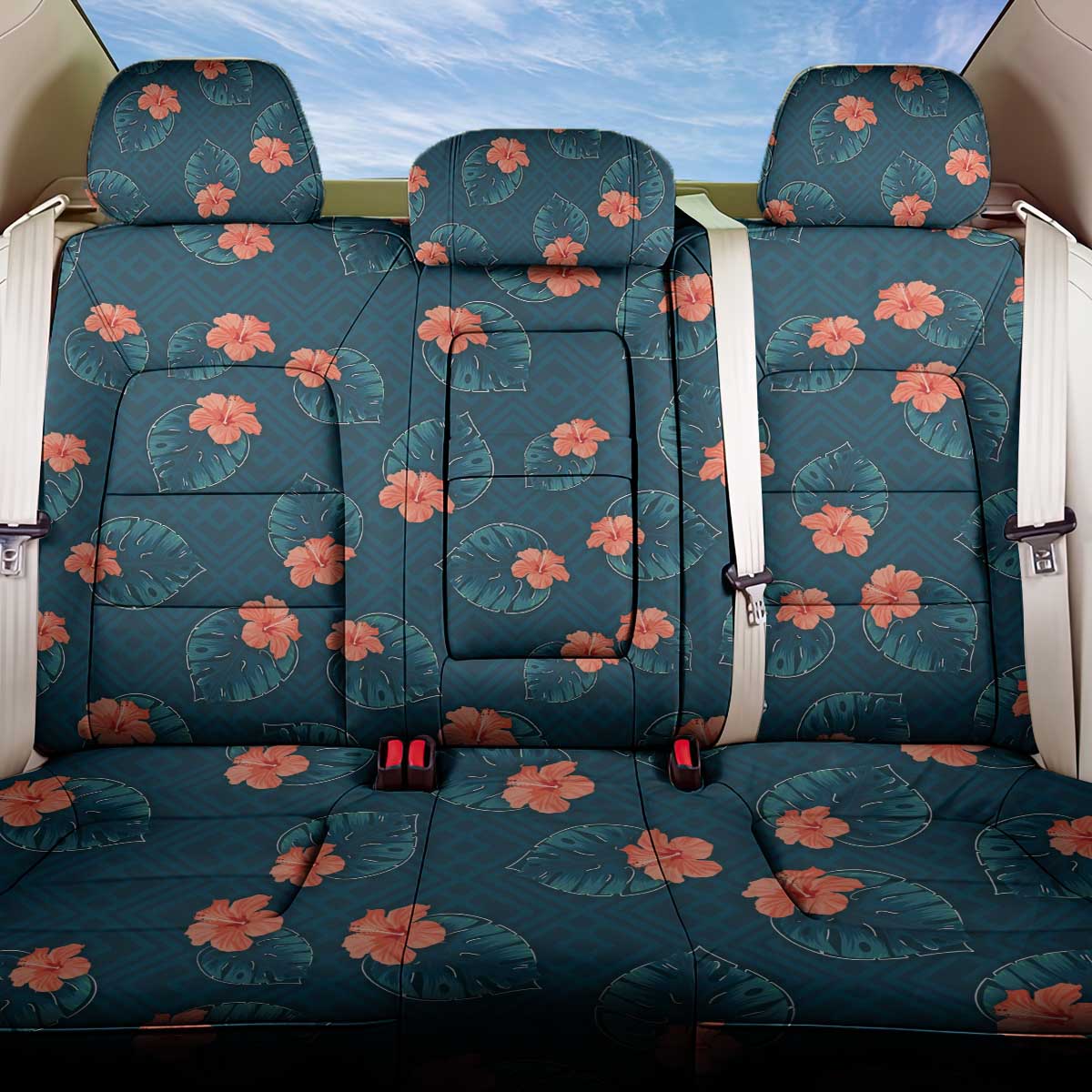Hawaii Monstera Back Car Seat Cover Hibiscus Flowers Simple Style DT05 One Size Dark Teal - Polynesian Pride