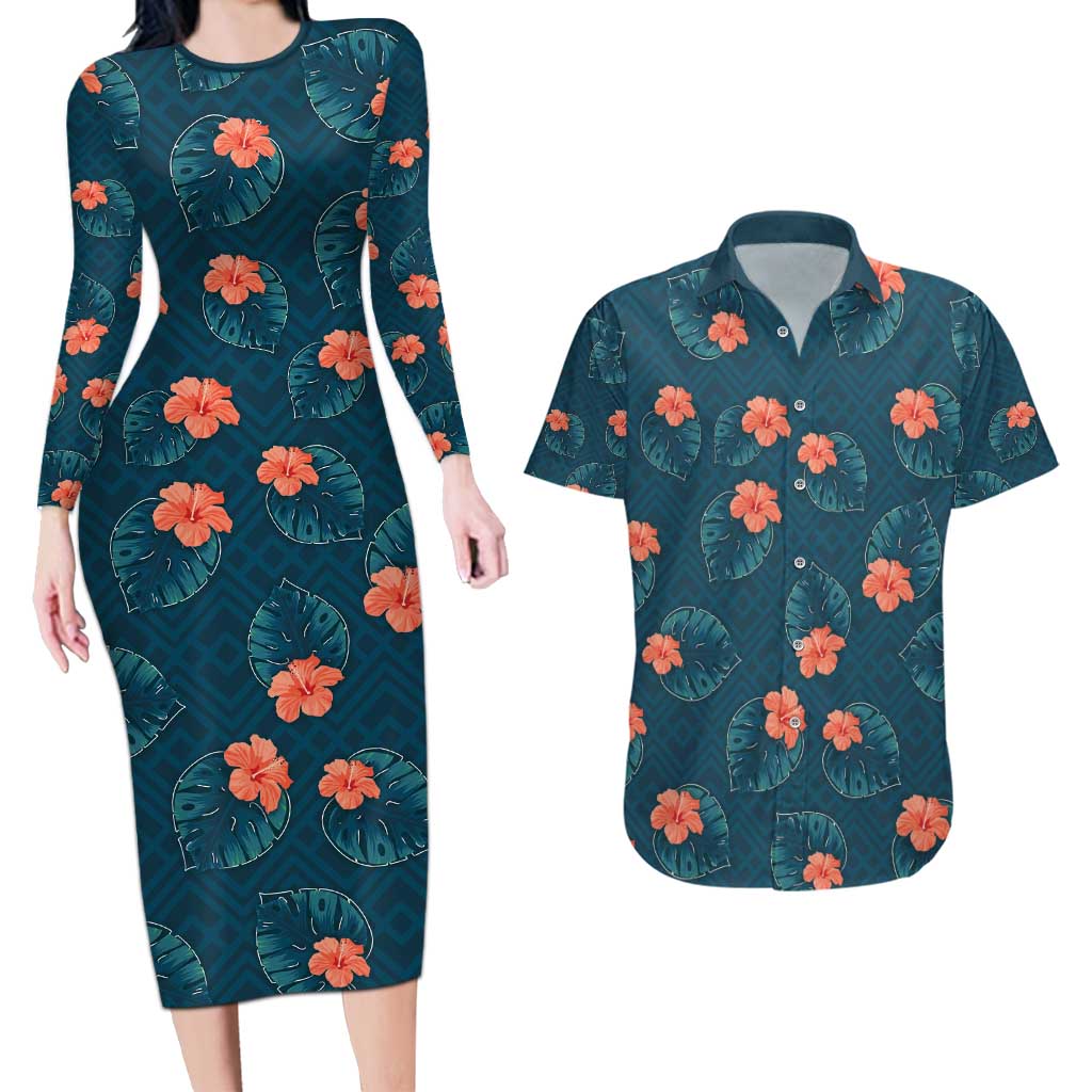 Hawaii Monstera Couples Matching Long Sleeve Bodycon Dress and Hawaiian Shirt Hibiscus Flowers Simple Style DT05 Dark Teal - Polynesian Pride