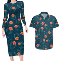 Hawaii Monstera Couples Matching Long Sleeve Bodycon Dress and Hawaiian Shirt Hibiscus Flowers Simple Style DT05 Dark Teal - Polynesian Pride