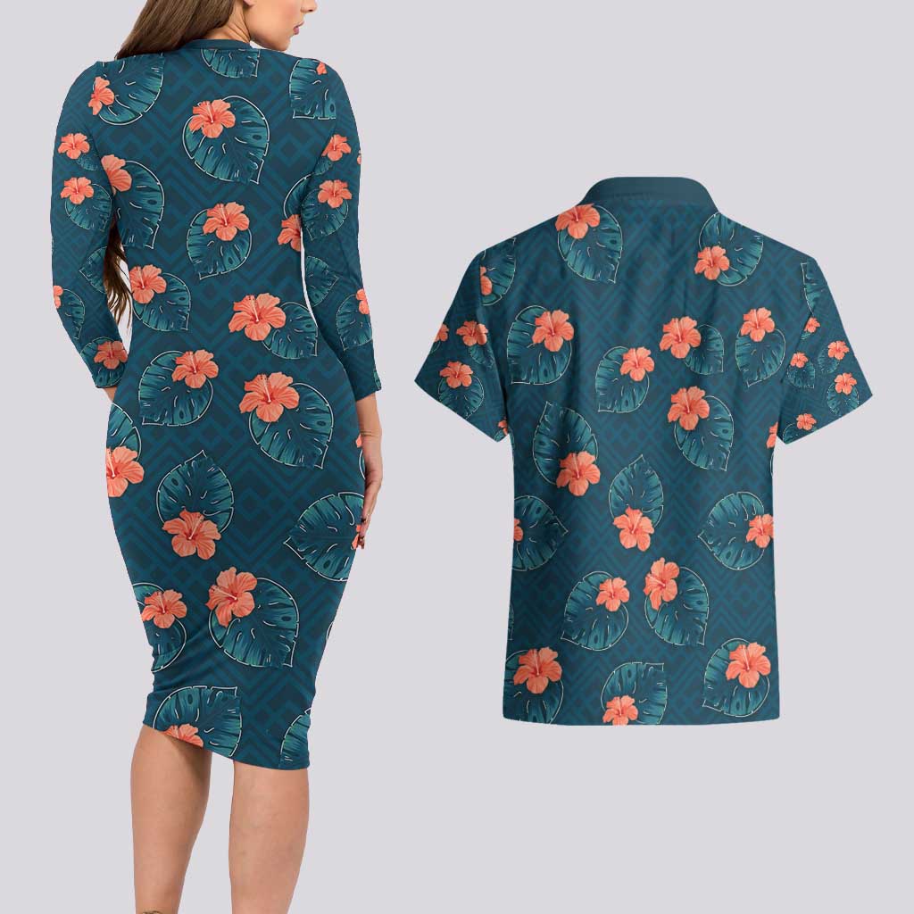 Hawaii Monstera Couples Matching Long Sleeve Bodycon Dress and Hawaiian Shirt Hibiscus Flowers Simple Style DT05 - Polynesian Pride
