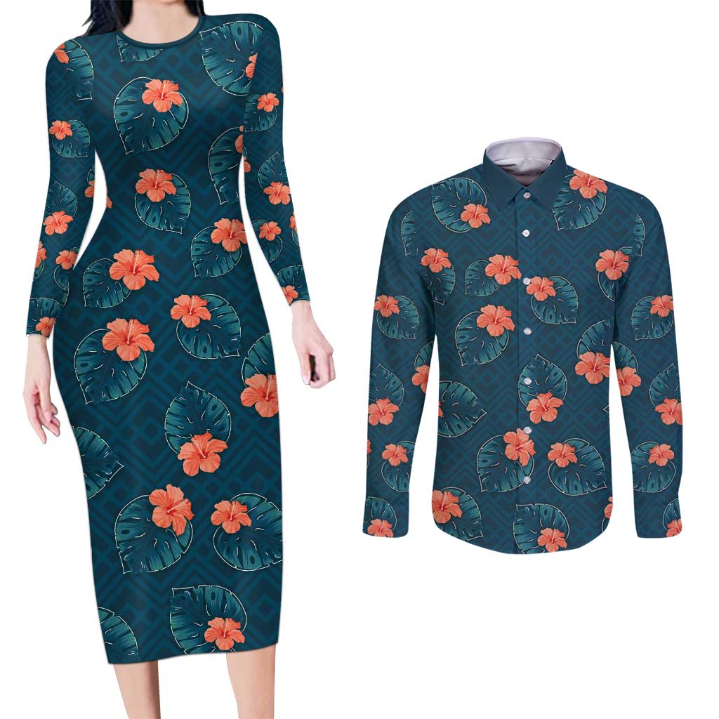 Hawaii Monstera Couples Matching Long Sleeve Bodycon Dress and Long Sleeve Button Shirt Hibiscus Flowers Simple Style DT05 Dark Teal - Polynesian Pride