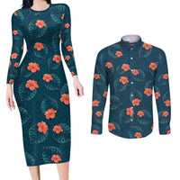Hawaii Monstera Couples Matching Long Sleeve Bodycon Dress and Long Sleeve Button Shirt Hibiscus Flowers Simple Style DT05 Dark Teal - Polynesian Pride