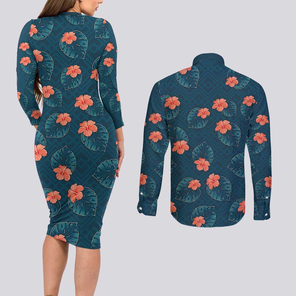 Hawaii Monstera Couples Matching Long Sleeve Bodycon Dress and Long Sleeve Button Shirt Hibiscus Flowers Simple Style DT05 - Polynesian Pride