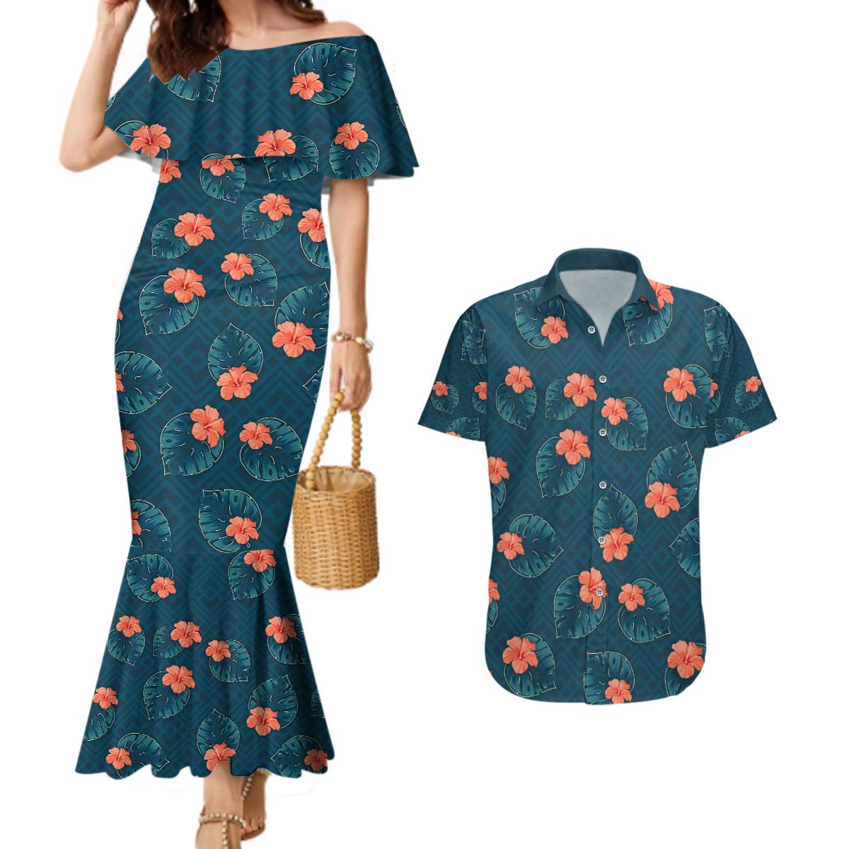Hawaii Monstera Couples Matching Mermaid Dress and Hawaiian Shirt Hibiscus Flowers Simple Style DT05 Dark Teal - Polynesian Pride