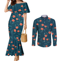 Hawaii Monstera Couples Matching Mermaid Dress and Long Sleeve Button Shirt Hibiscus Flowers Simple Style DT05 Dark Teal - Polynesian Pride
