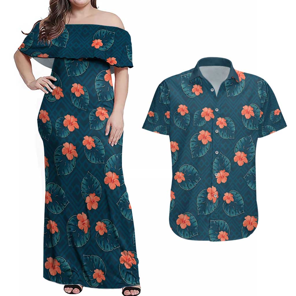 Hawaii Monstera Couples Matching Off Shoulder Maxi Dress and Hawaiian Shirt Hibiscus Flowers Simple Style DT05 Dark Teal - Polynesian Pride