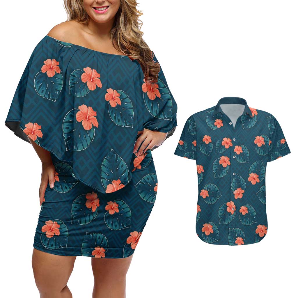 Hawaii Monstera Couples Matching Off Shoulder Short Dress and Hawaiian Shirt Hibiscus Flowers Simple Style DT05 Dark Teal - Polynesian Pride