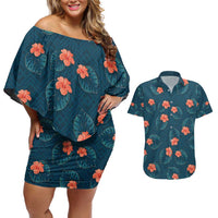 Hawaii Monstera Couples Matching Off Shoulder Short Dress and Hawaiian Shirt Hibiscus Flowers Simple Style DT05 Dark Teal - Polynesian Pride