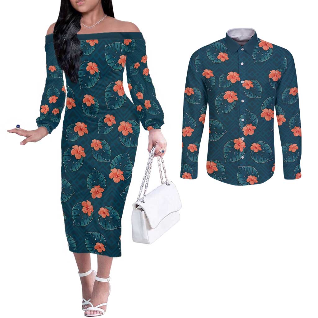 Hawaii Monstera Couples Matching Off The Shoulder Long Sleeve Dress and Long Sleeve Button Shirt Hibiscus Flowers Simple Style DT05 Dark Teal - Polynesian Pride