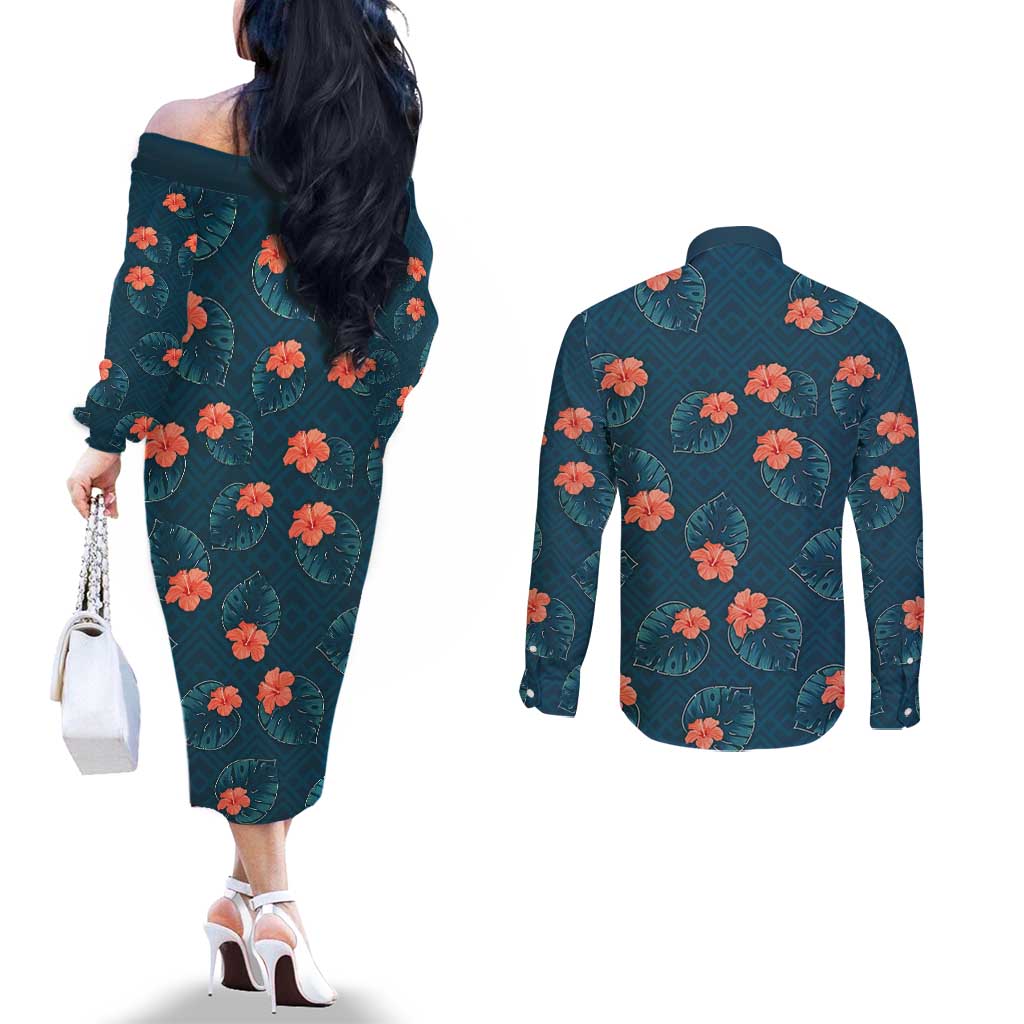 Hawaii Monstera Couples Matching Off The Shoulder Long Sleeve Dress and Long Sleeve Button Shirt Hibiscus Flowers Simple Style DT05 - Polynesian Pride