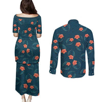 Hawaii Monstera Couples Matching Puletasi and Long Sleeve Button Shirt Hibiscus Flowers Simple Style - Polynesian Pride