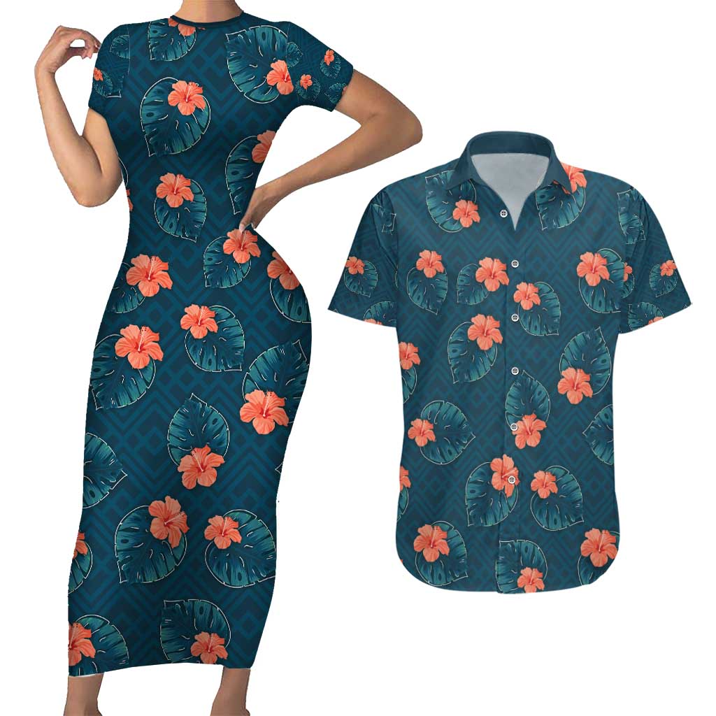 Hawaii Monstera Couples Matching Short Sleeve Bodycon Dress and Hawaiian Shirt Hibiscus Flowers Simple Style DT05 Dark Teal - Polynesian Pride