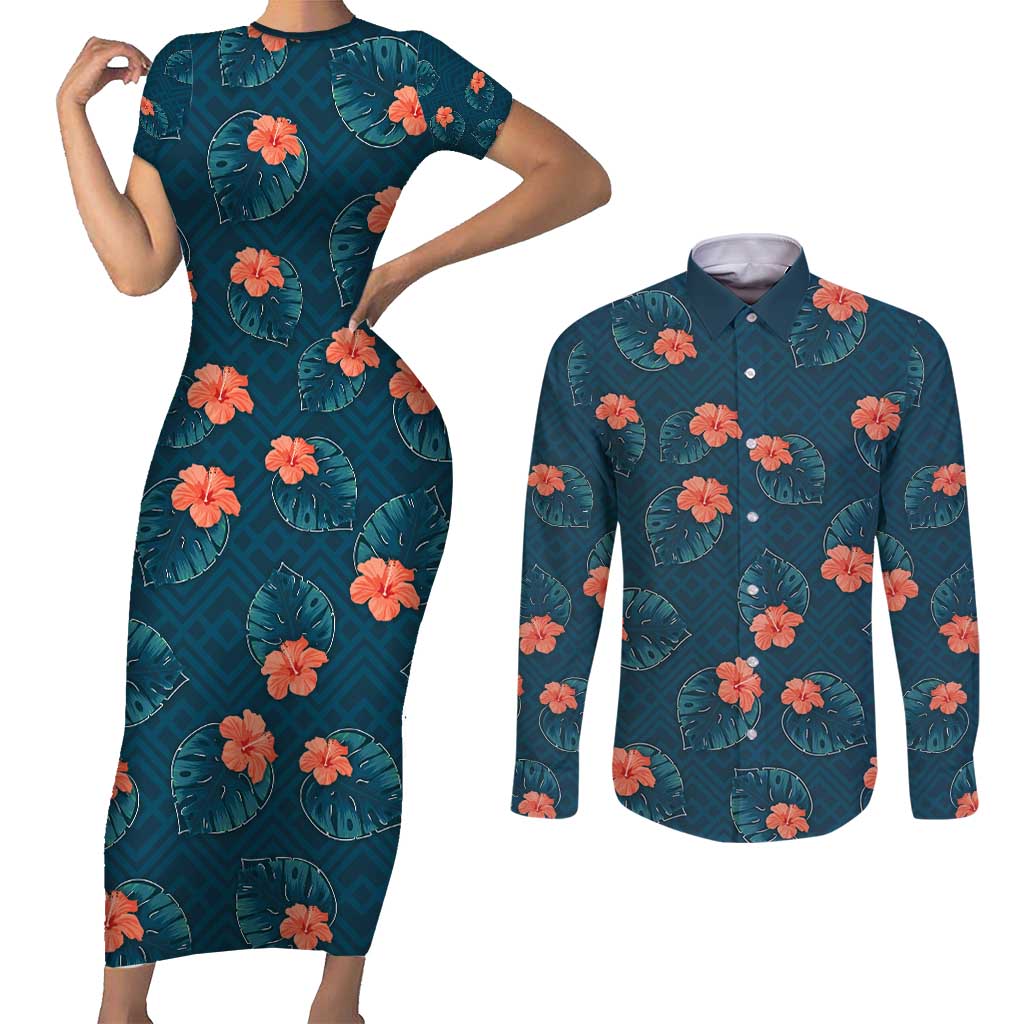 Hawaii Monstera Couples Matching Short Sleeve Bodycon Dress and Long Sleeve Button Shirt Hibiscus Flowers Simple Style DT05 Dark Teal - Polynesian Pride